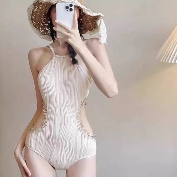 Beige Embellished Side Cutout Monokini Swimwear By Sinderella - Image 5