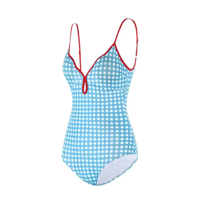 Blue Gingham Design With Red Straps Monokini By Sinderella - Image 2