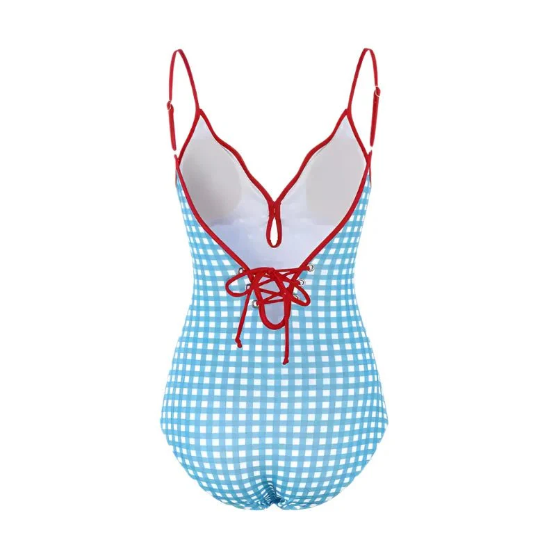 Blue Gingham Design With Red Straps Monokini By Sinderella - Image 3