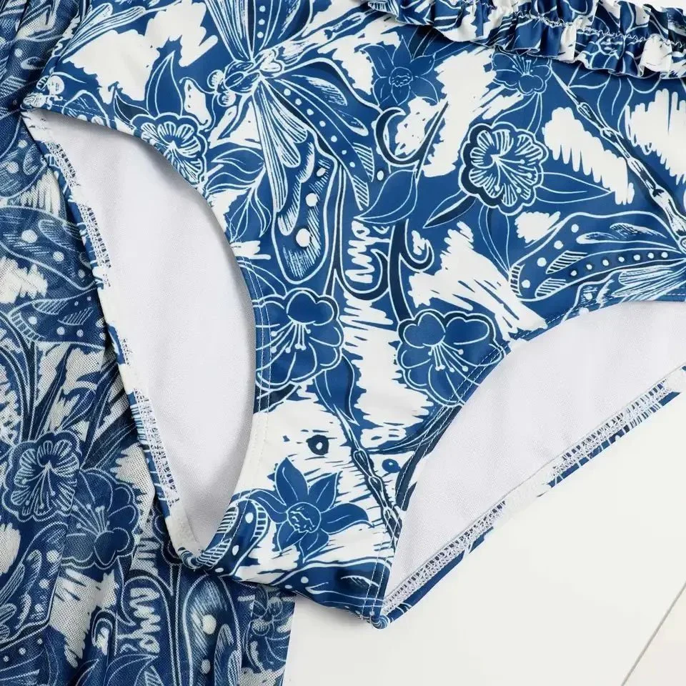 Floral Blue Straight Neck High Waisted Swim Wear With Flare Skirt By Sinderella - Image 4