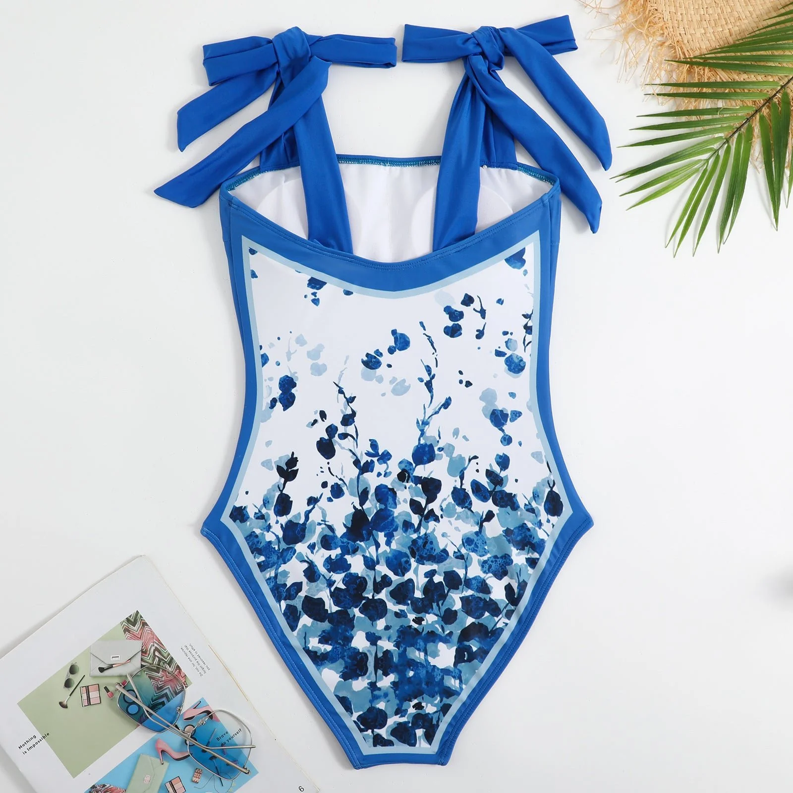 One Piece Blue Petals Tie Up Swimsuit With Wrap Around Tie Up Sarong Skirt By Sinderella - Image 6