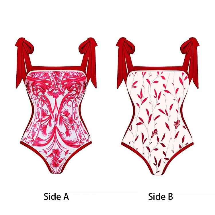 Reversible Red Pink One Piece Tie Up Swimsuit With Floral Skirt By Sinderella - Image 4