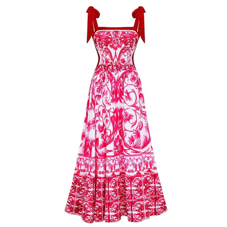 Reversible Red Pink One Piece Tie Up Swimsuit With Floral Skirt By Sinderella - Image 6