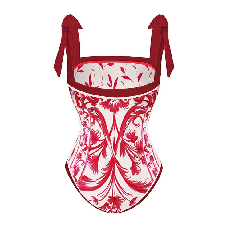 Reversible Red Pink One Piece Tie Up Swimsuit With Pants By Sinderella - Image 3