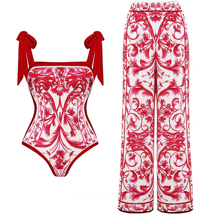 Reversible Red Pink One Piece Tie Up Swimsuit With Pants By Sinderella - Image 7