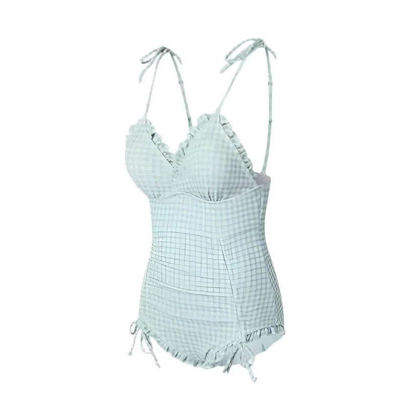 Ruched Gingham Design With Tie up Strap Monokini By Sinderella - Image 5