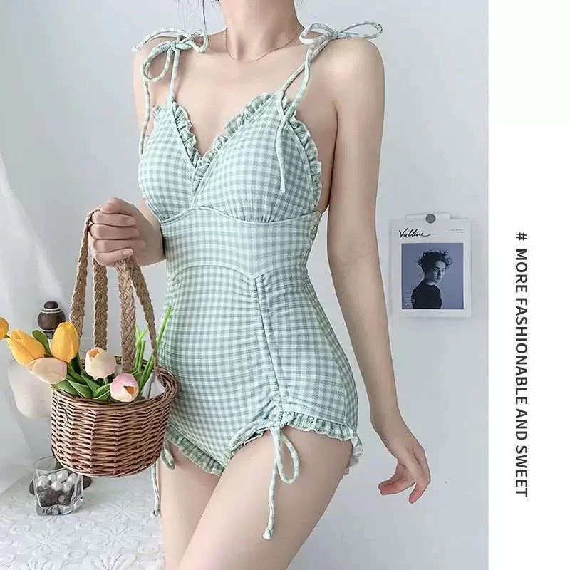 Ruched Gingham Design With Tie up Strap Monokini By Sinderella - Image 8
