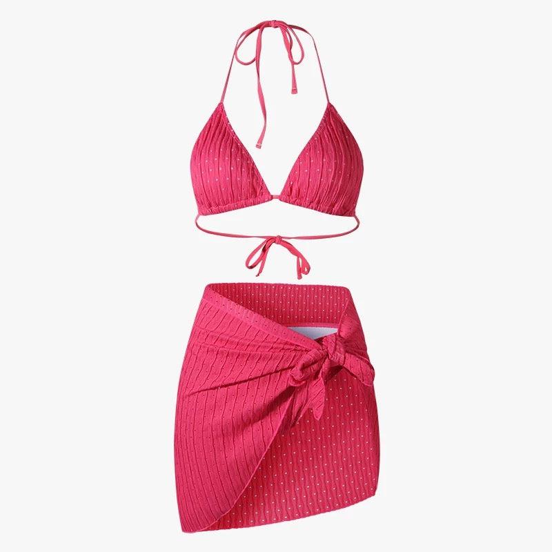Two Piece Spaghetti Strap Backless Textured Swimwear with Sarong By Sinderella - Image 3
